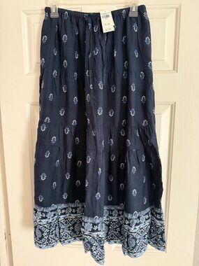 Hollister Navy Tiered Maxi Skirt with Border Print